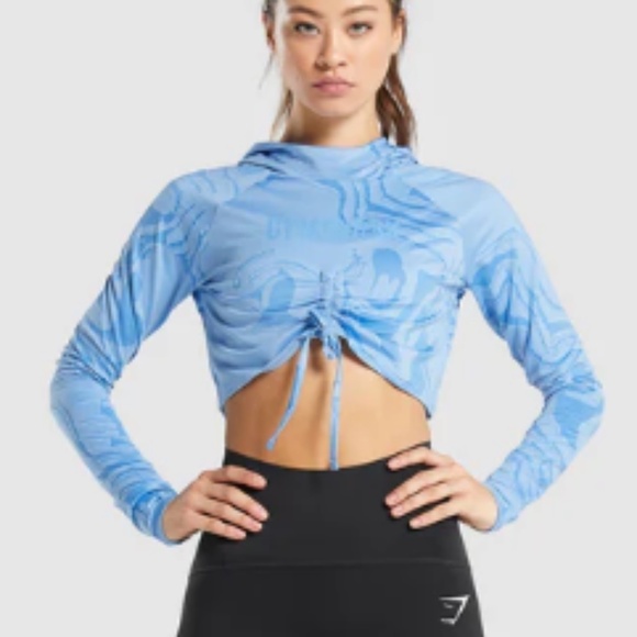 Gymshark Power Pullover Blue Cropped Hoodie Medium M - Picture 2 of 8